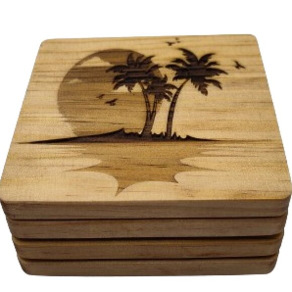4" Wood Engraved Coasters. The Phoenix, Bird of Paradise, Shark, Tropical Island - Picture 4 of 8